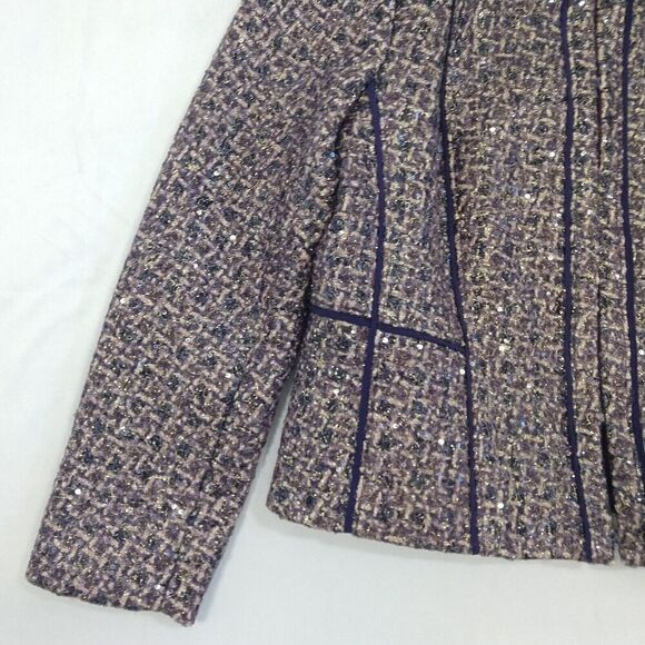 Tory Burch Kennedy Metallic Tweed Jacket Size 12 Purple Plum Sequin Shimmer - Picture 4 of 11
